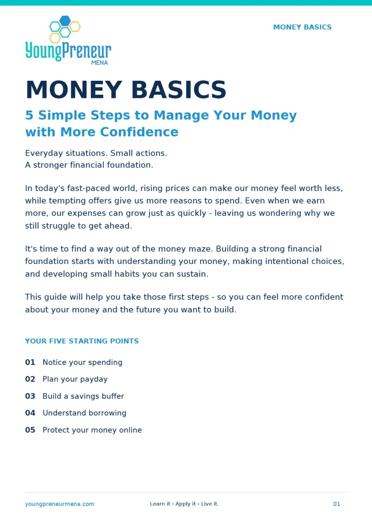 Cover page of the Youngpreneur MENA Money Basics guide